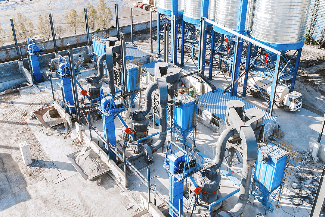 MTW European Trapezium Mill grinding barite in an industrial plant setting, showing its compact structure and air duct system.